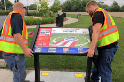 The new sign for VETERANS PARK has arrived and was installed today, July 1st, 2019, by the City Parks and Recreation crew. This new sign is interactive and describes VETERANS PARK features, history, a paver e-Locator, order form holster and a events section. Go there and check it out!